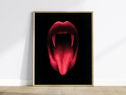 Vampire Smile Poster | Red and Black Pen and Ink Art Print | Goth Wall Art — framed print on the wall