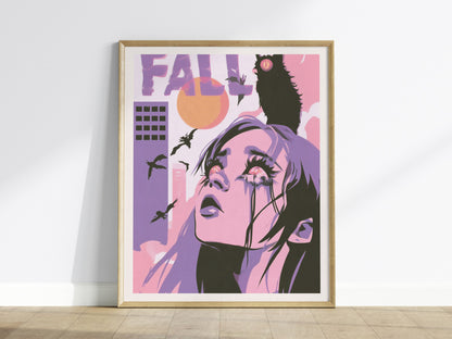 Girl Meets Fall Poster | Pink Purple Lime Illustrative Art Print | Surreal Pop Wall Art — framed print on the wall