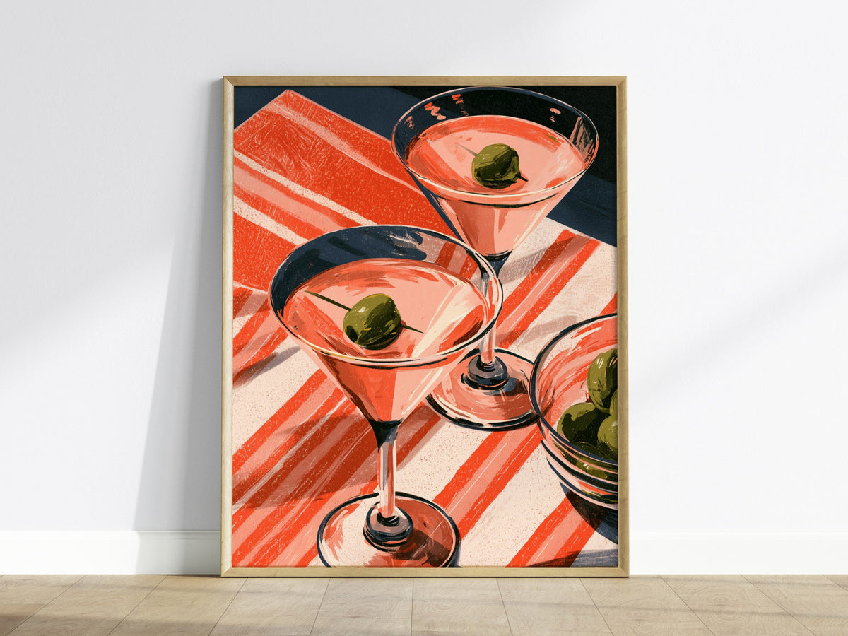 Striped Martini Still Life Poster | Red and Pink Illustrative Art Print | Kitchen Wall Art — framed print on the wall