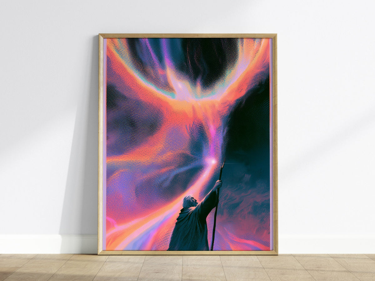 Wizard Channels Phoenix Poster | Cyan and Magenta Screen Print Art Print | Dark Fantasy Wall Art — framed print on the wall