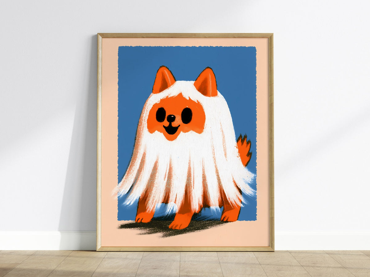 Ghost Dog Poster | Orange and Cobalt Illustrative Art Print | Kids Room Wall Art — framed print on the wall