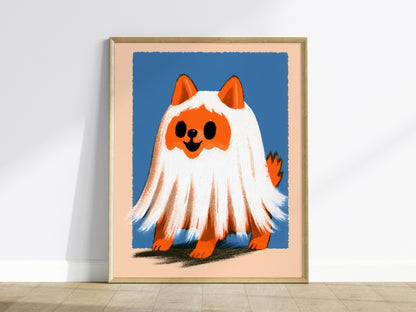 Ghost Dog Poster | Orange and Cobalt Illustrative Art Print | Kids Room Wall Art — framed print on the wall