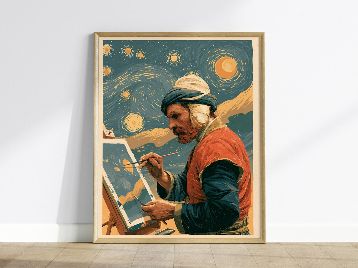 Van Gogh Paints Stars Poster | Teal and Amber Illustrative Art Print | Art History Wall Art — framed print on the wall