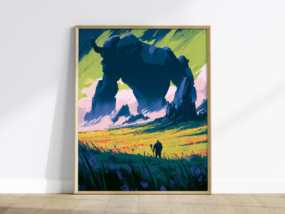 Stone Guardian at Dawn Poster | Navy and Orange Illustrative Art Print | Dark Fantasy Wall Art — framed print on the wall