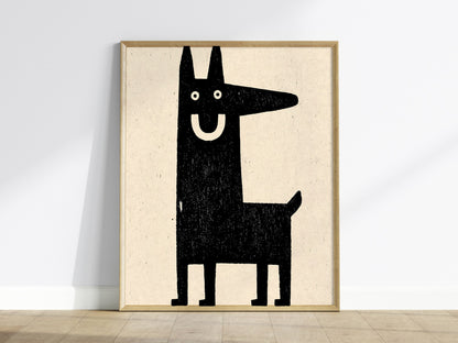 Grinning Dog Poster | Black and Cream Screen Print Art Print | Folk Art Wall Art — framed print on the wall