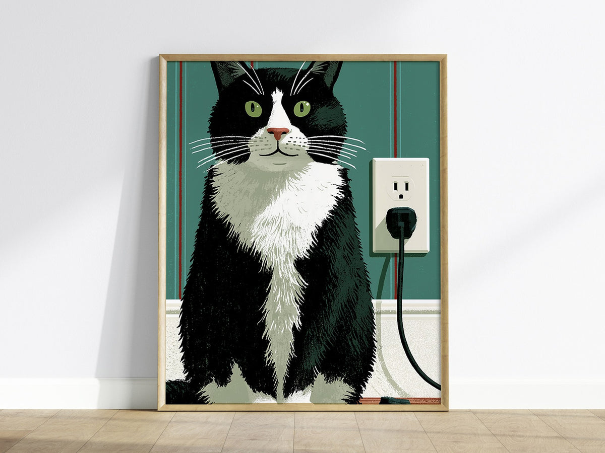 Tuxedo Cat Unplugged Poster | Sage and Cream Illustrative Art Print | Cat Lover Wall Art — framed print on the wall