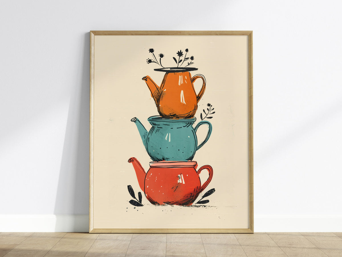 Stacked Teapots Poster | Coral and Teal Illustrative Art Print | Kitchen Wall Art — framed print on the wall