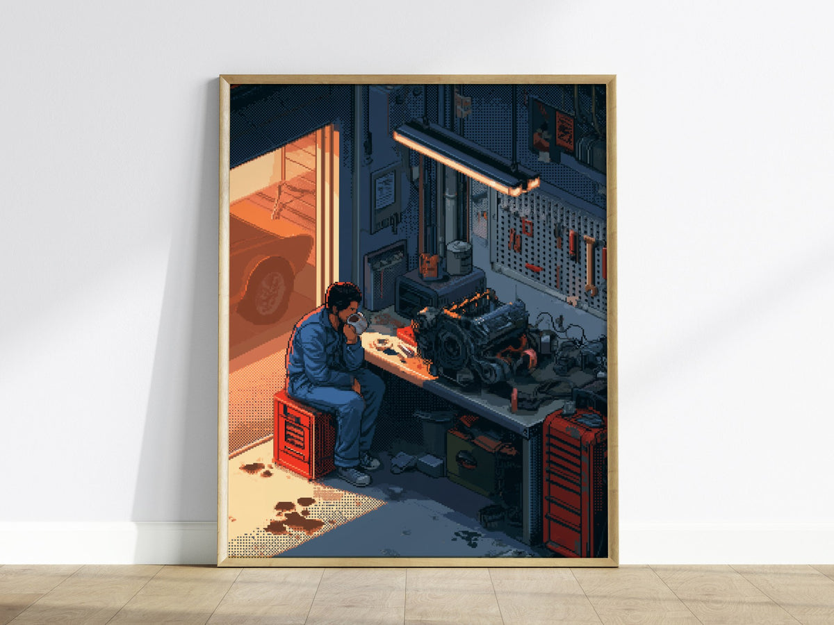 Mechanic Drinks Coffee Poster | Blue and Orange Pixel Art Print | Workshop Wall Art — framed print on the wall