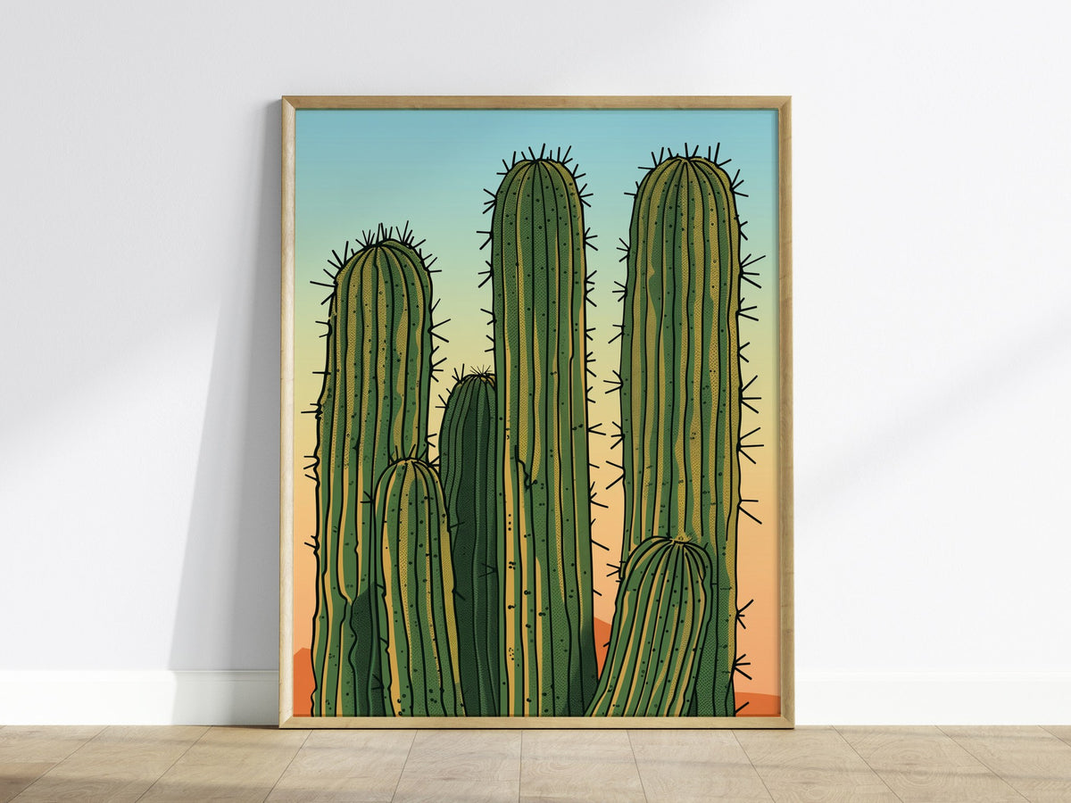 Cactus Garden Poster | Green and Coral Japanese Woodblock Art Print | Southwestern Wall Art — framed print on the wall