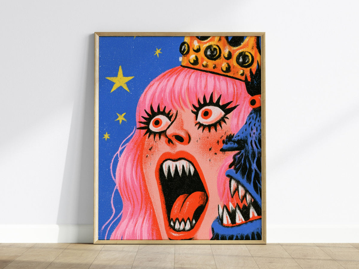 Queen Roars Back Poster | Jewel and Gold Illustrative Art Print | Dark Fantasy Wall Art — framed print on the wall