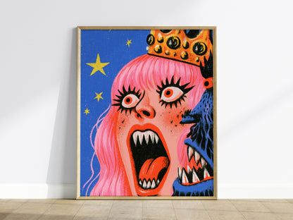 Queen Roars Back Poster | Jewel and Gold Illustrative Art Print | Dark Fantasy Wall Art — framed print on the wall