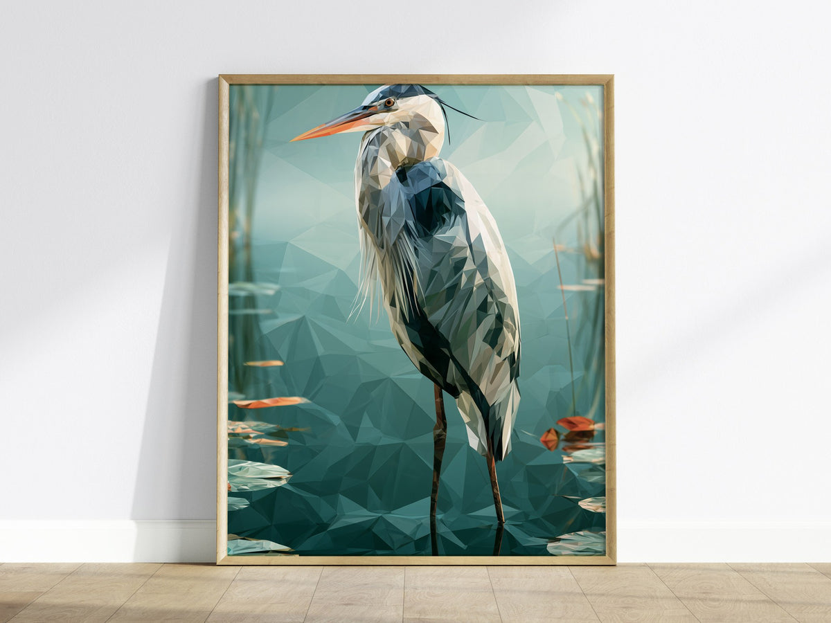 Heron Guards Shallows Poster | Teal and Slate Low Poly Art Print | Modern Minimal Wall Art — framed print on the wall