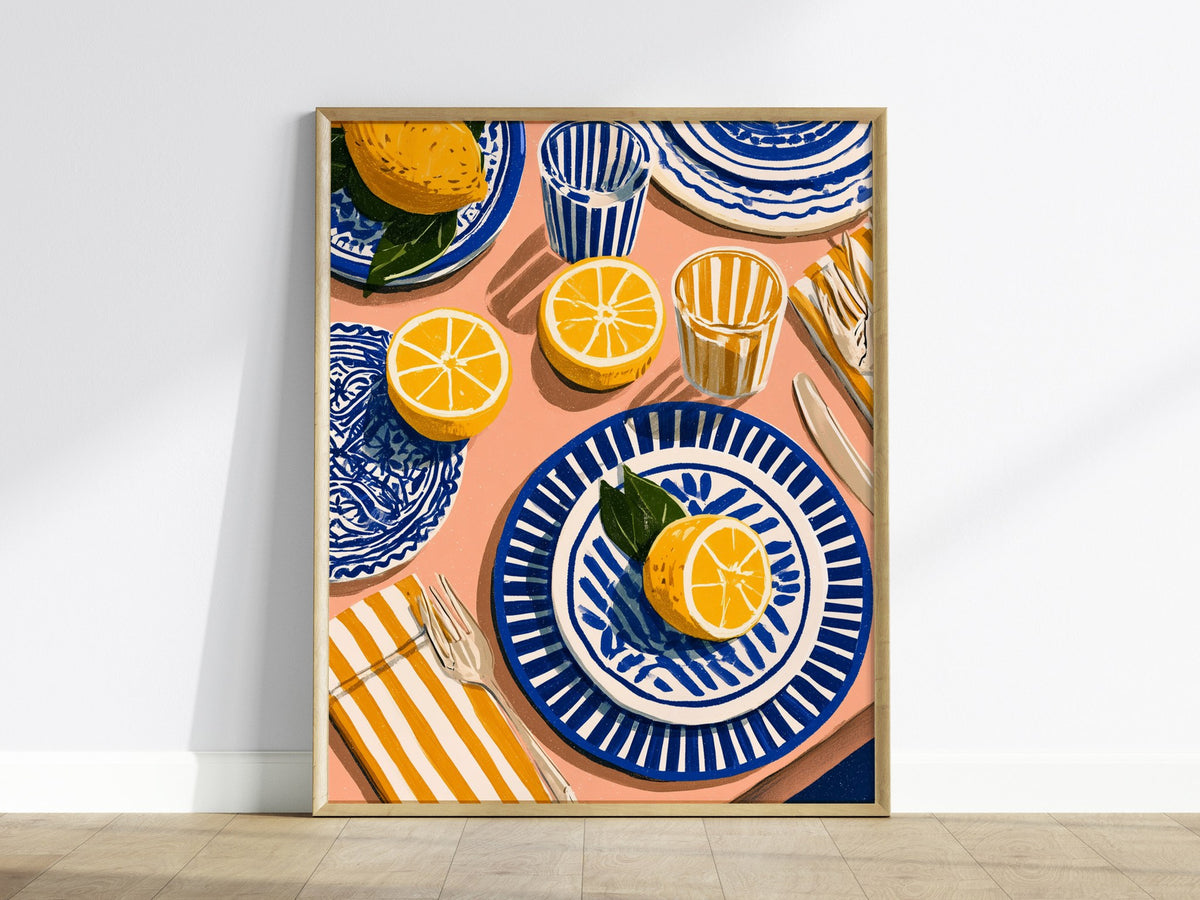 Lemon Table Poster | Cobalt and Ochre Illustrative Art Print | Kitchen Wall Art — framed print on the wall