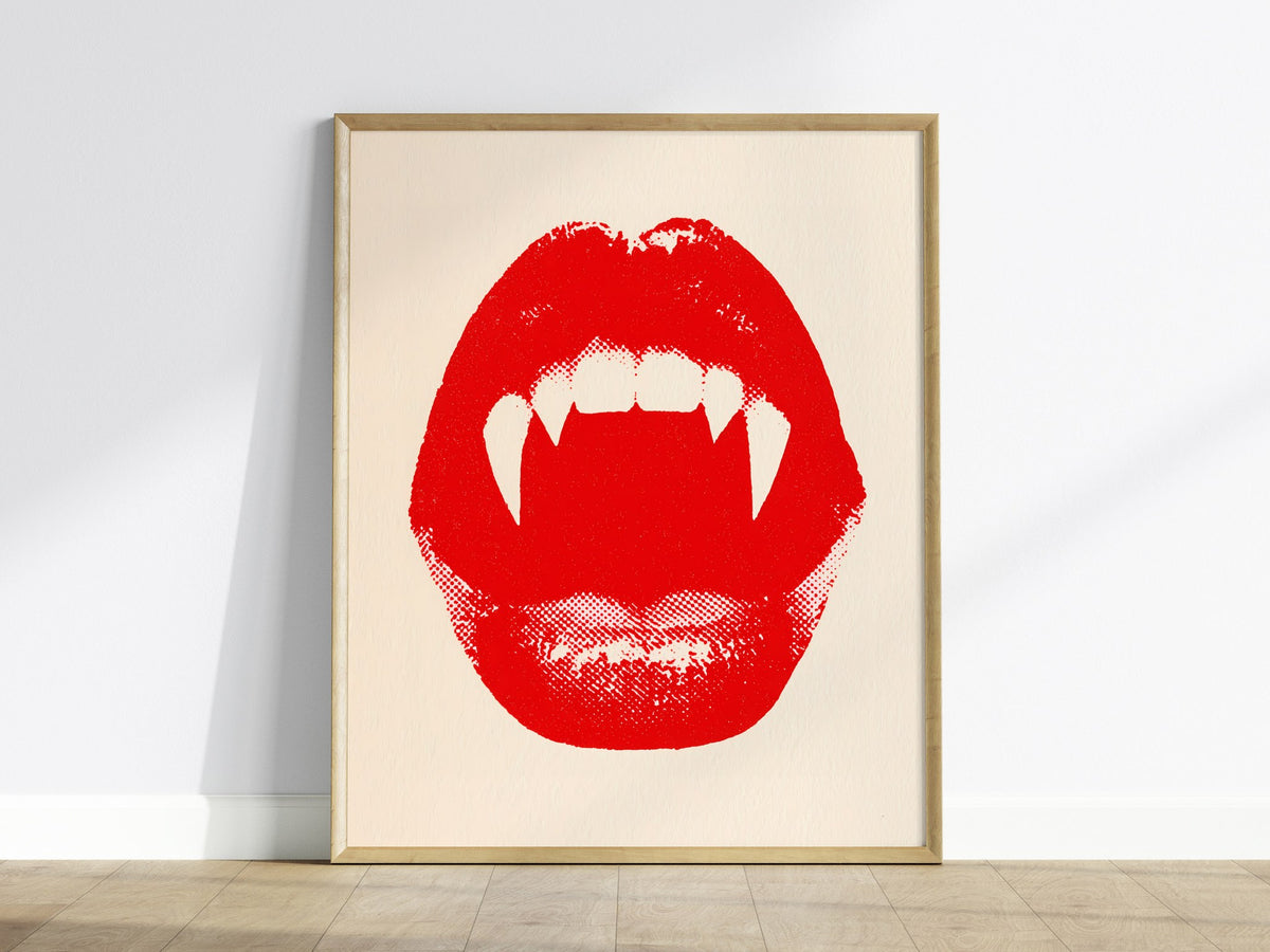 Vampire Bite Poster | Red and Cream Screen Print Art Print | Goth Wall Art — framed print on the wall