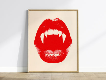 Vampire Bite Poster | Red and Cream Screen Print Art Print | Goth Wall Art — framed print on the wall