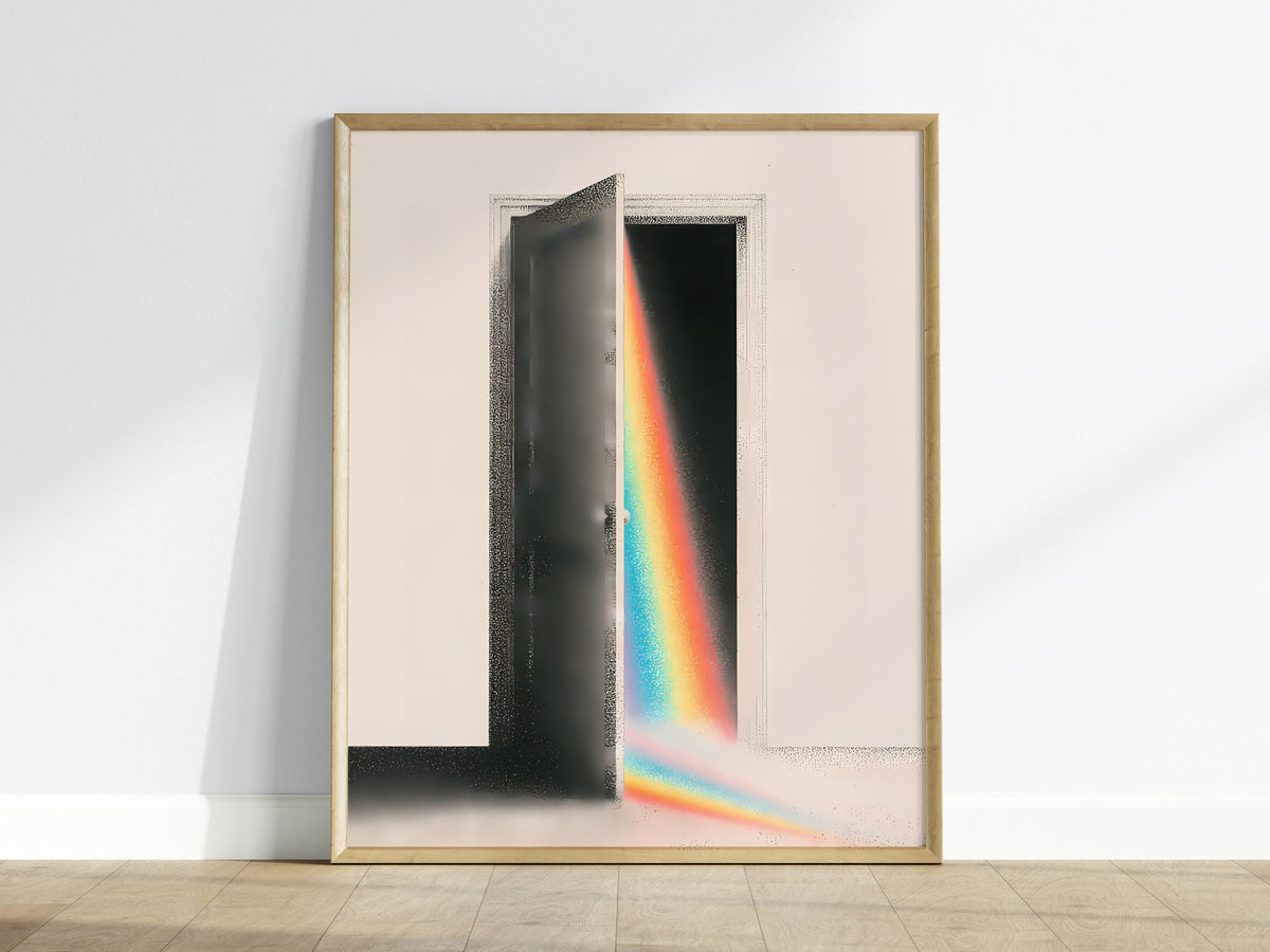Rainbow Through the Door Poster | Rainbow and Black Pen and Ink Art Print | Mystic Wall Art — framed print on the wall