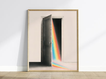 Rainbow Through the Door Poster | Rainbow and Black Pen and Ink Art Print | Mystic Wall Art — framed print on the wall