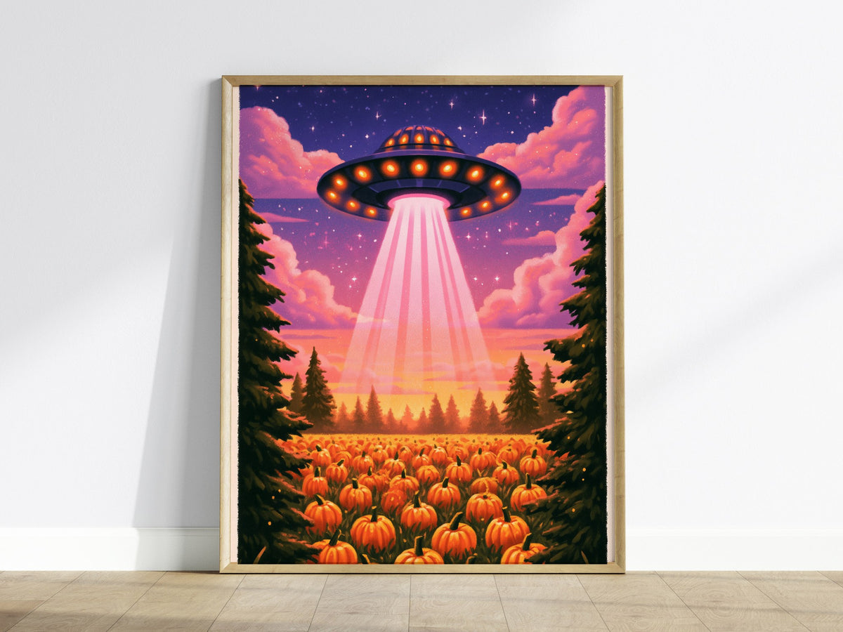 Gourd Harvest Poster | Orange and Purple Illustrative Art Print | Sci-Fi Wall Art — framed print on the wall