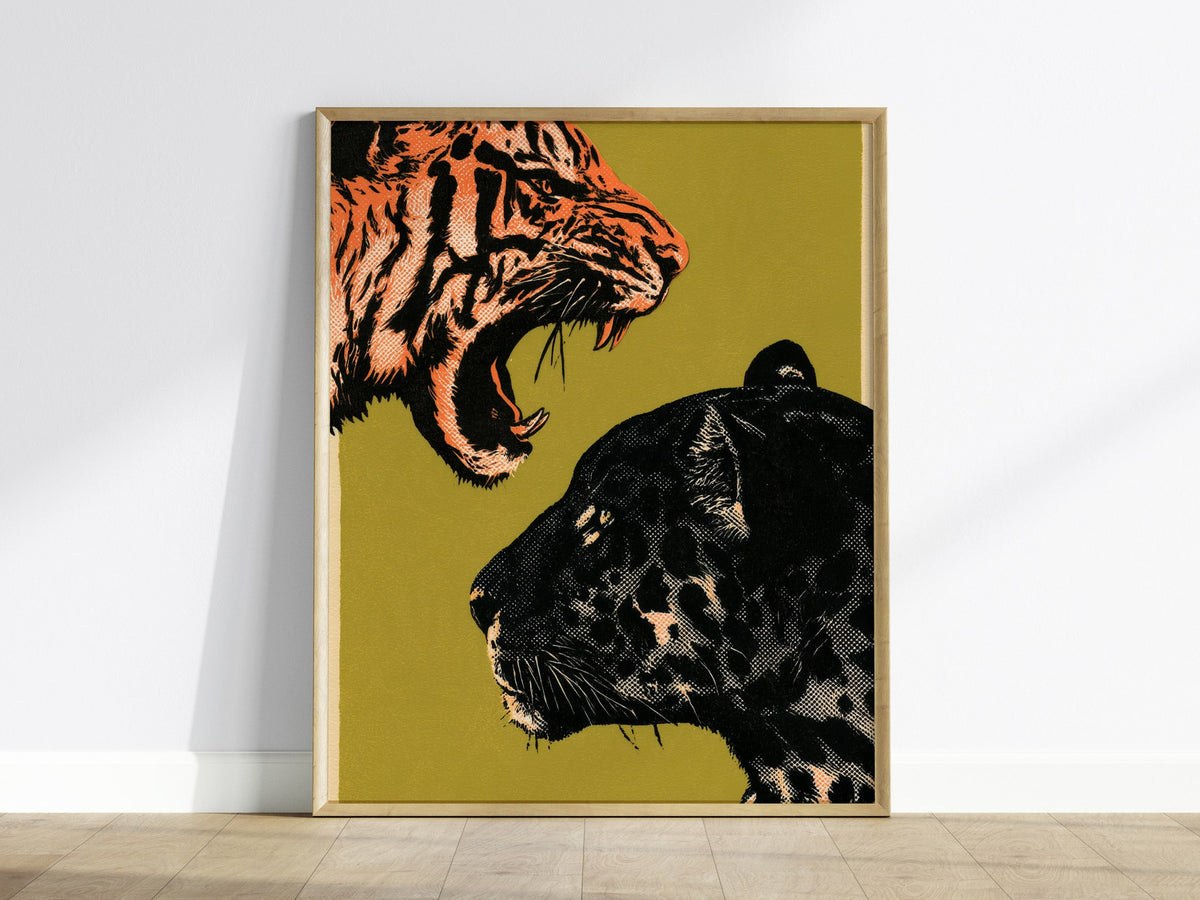 Tiger Taunts Panther Poster | Chartreuse and Black Screen Print Art Print | Graphic Design Wall Art — framed print on the wal