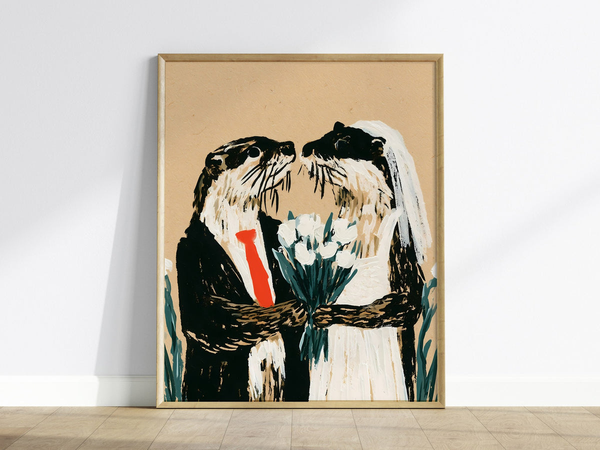 Otter Wedding Poster | Kraft and Green Illustrative Art Print | Wedding Gift Wall Art — framed print on the wall
