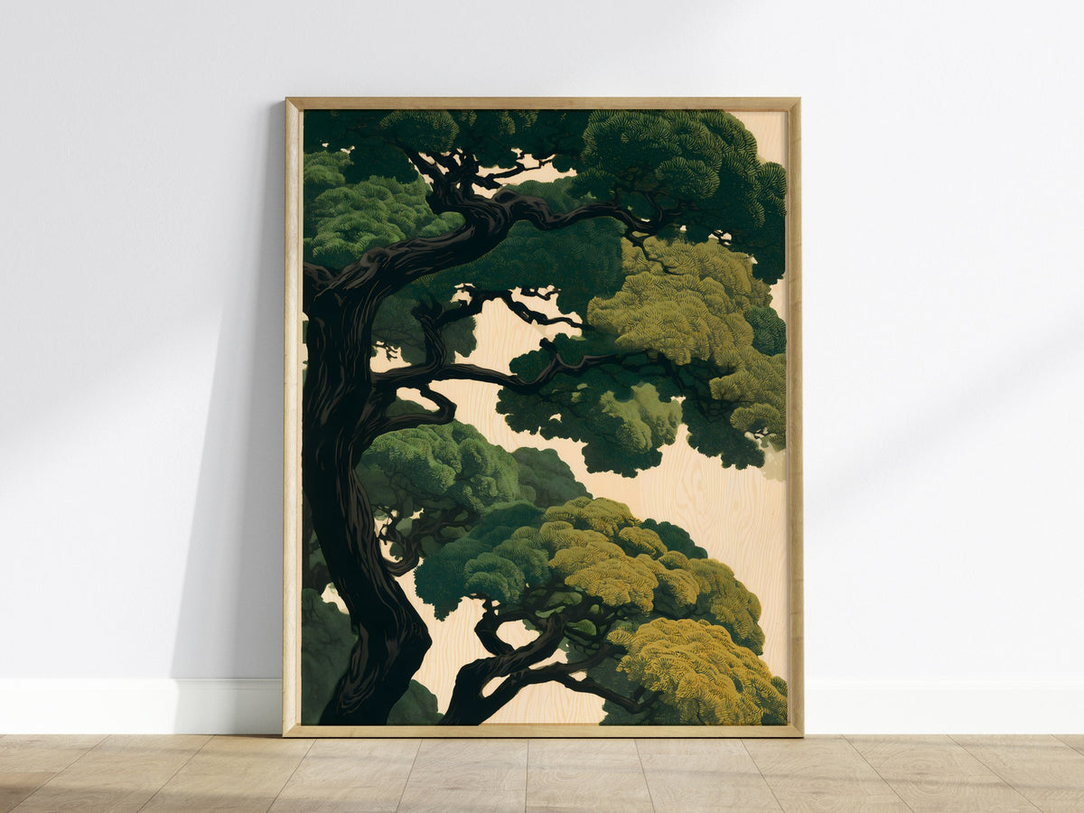 Under the Pines Poster | Forest Green Japanese Woodblock Art Print | Nature Lovers Wall Art — framed print on the wall
