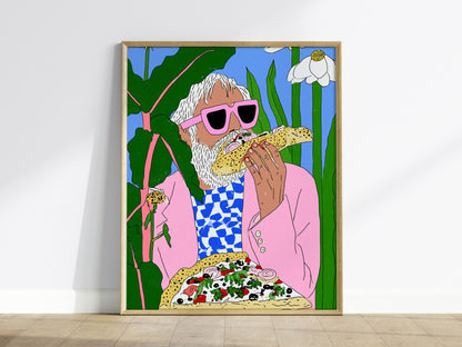 Pizza Garden Poster | Pink and Sky Illustrative Art Print | Surreal Kitchen Wall Art — framed print on the wall