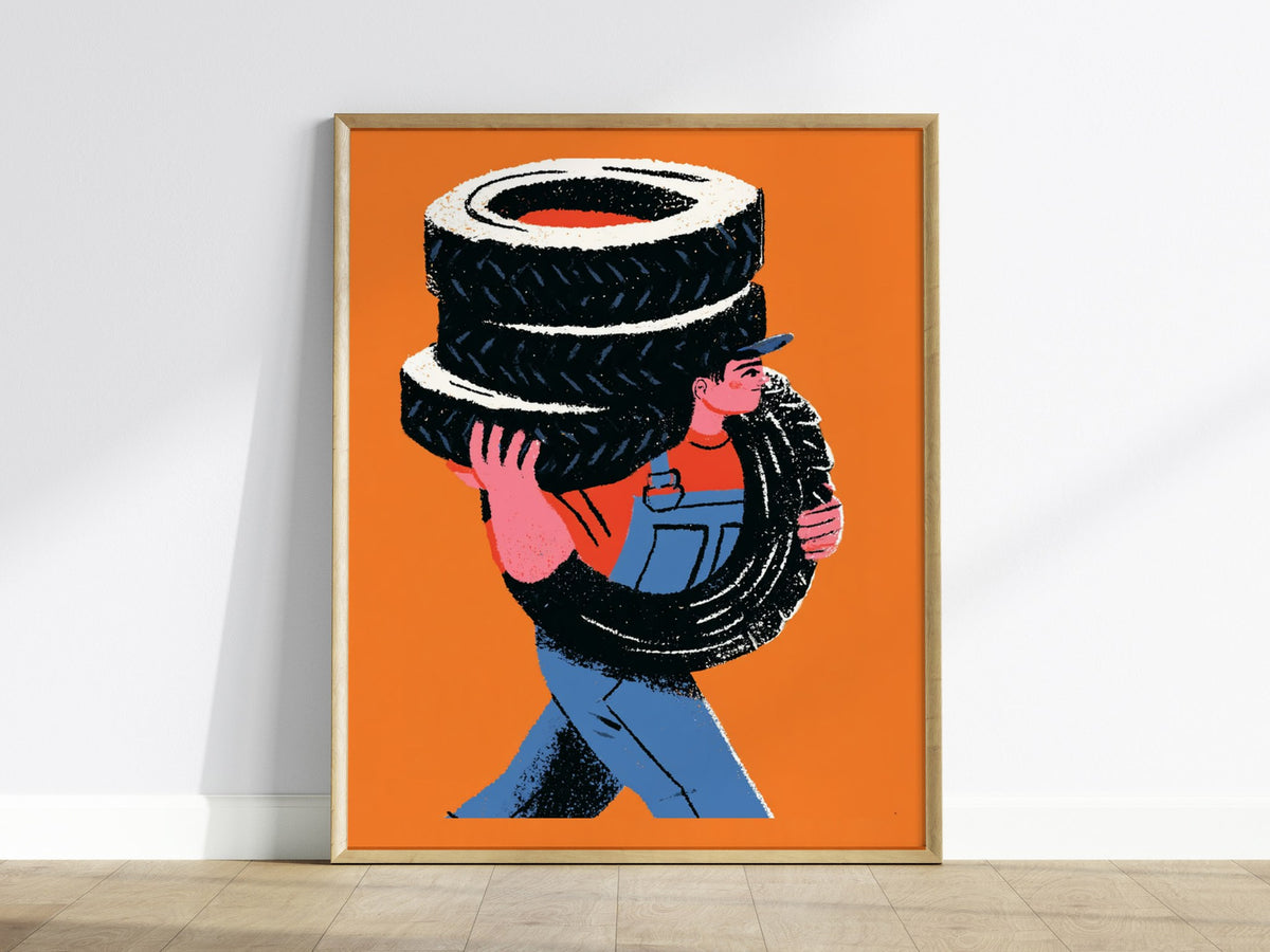 Mechanic Carries Tires Poster | Orange and Blue Illustrative Art Print | Workshop Wall Art — framed print on the wall