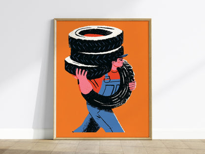 Mechanic Carries Tires Poster | Orange and Blue Illustrative Art Print | Workshop Wall Art — framed print on the wall