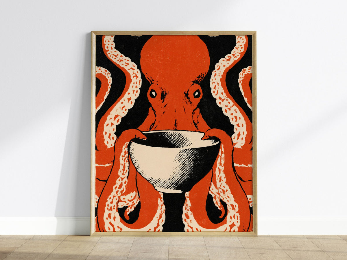 Breakfast Octopus Poster | Cream and Rust Screen Print Art Print | Kitchen Wall Art — framed print on the wall