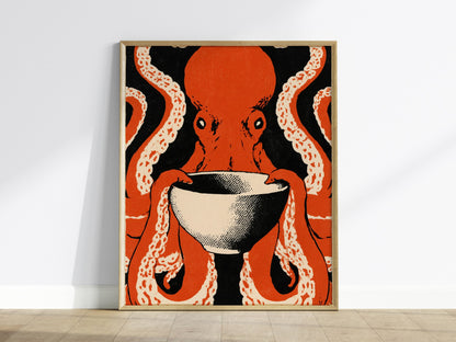 Breakfast Octopus Poster | Cream and Rust Screen Print Art Print | Kitchen Wall Art — framed print on the wall