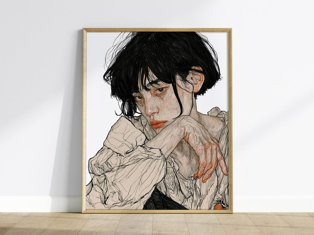 resting-hands Poster | Black and White Pen and Ink Art Print | Dark Academia Wall Art — framed print on the wall