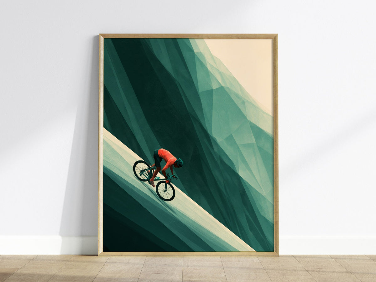 Cyclist Claims Hill Poster | Coral and Forest Low Poly Art Print | Cycling Wall Art — framed print on the wall