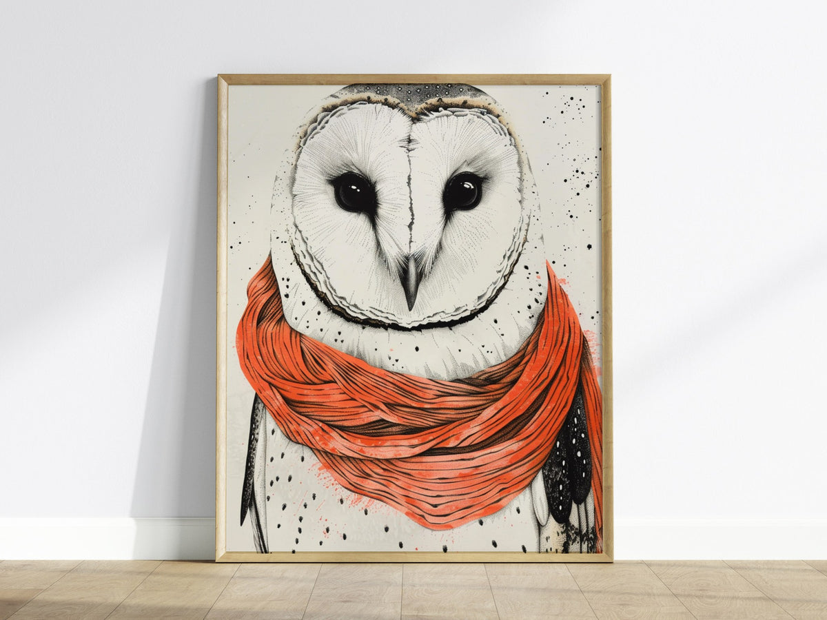 Owl in Scarf Poster | Black and Coral Pen and Ink Art Print | Cottagecore Wall Art — framed print on the wall