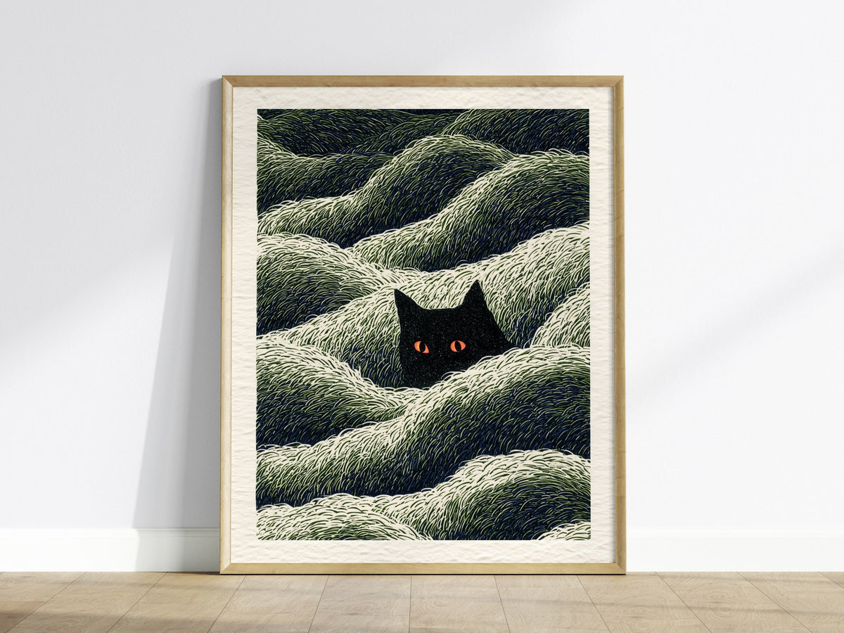 Cat Lurks Deep Poster | Green and Black Pen and Ink Art Print | Dark Fantasy Wall Art — framed print on the wall
