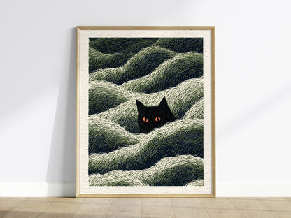 Cat Lurks Deep Poster | Green and Black Pen and Ink Art Print | Dark Fantasy Wall Art — framed print on the wall