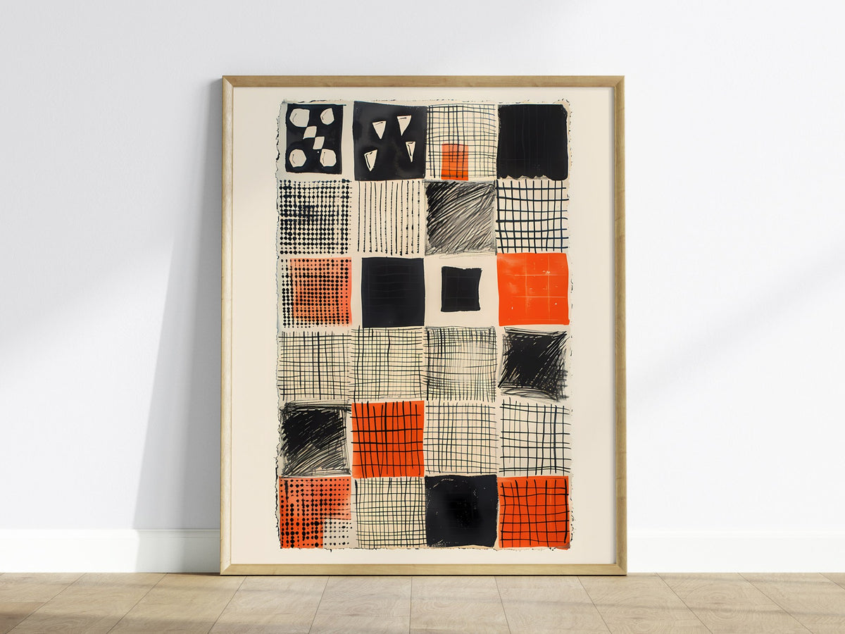 Obsessive Grid Poster | Black and Burnt Abstract Art Print | Minimalist Wall Art — framed print on the wall