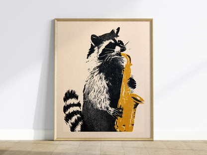 Raccoon Plays Saxophone Poster | Black and Yellow Screen Print Art Print | Music Lover Wall Art — framed print on the wall