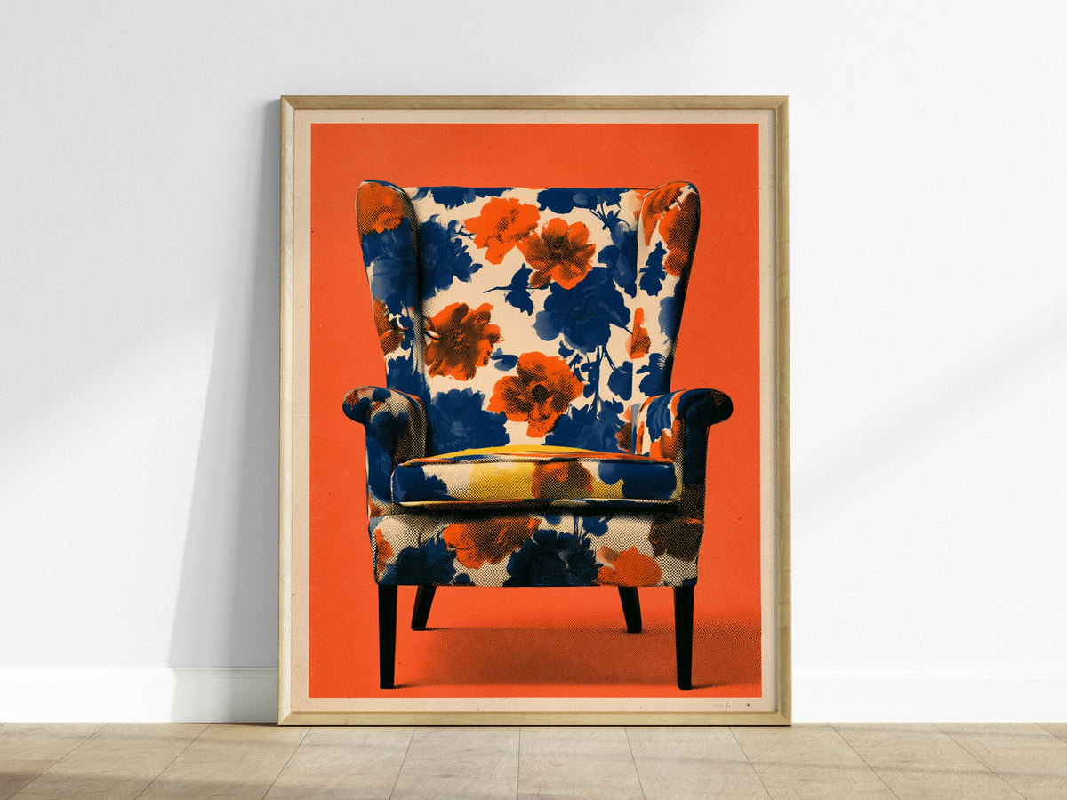 Armchair Blooms Poster | Cobalt and Coral Screen Print Art Print | Mid-Century Wall Art — framed print on the wall