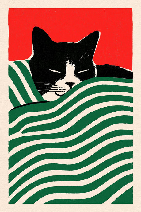 Cat Under Striped Blanket
