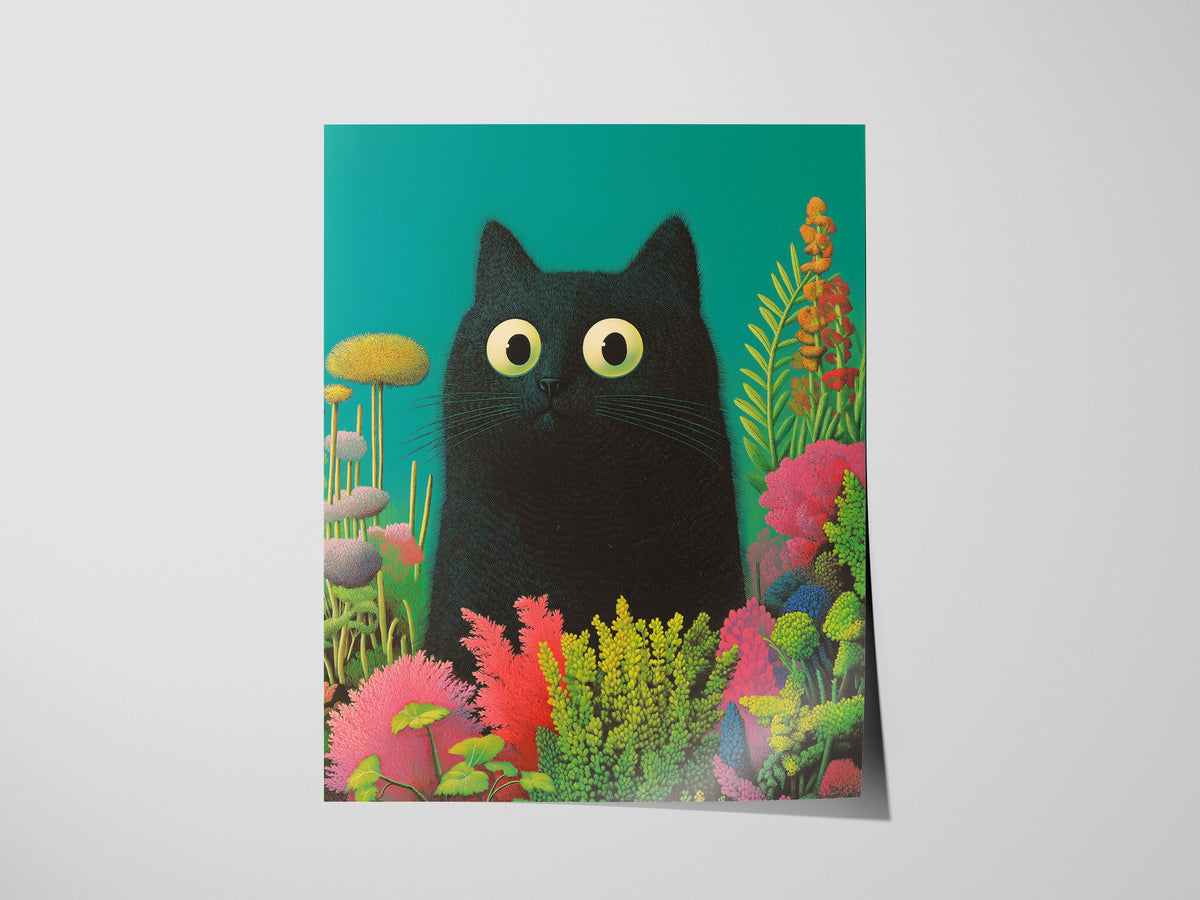Black Cat in Garden Poster | Animals Art Print — print detail on fine art paper