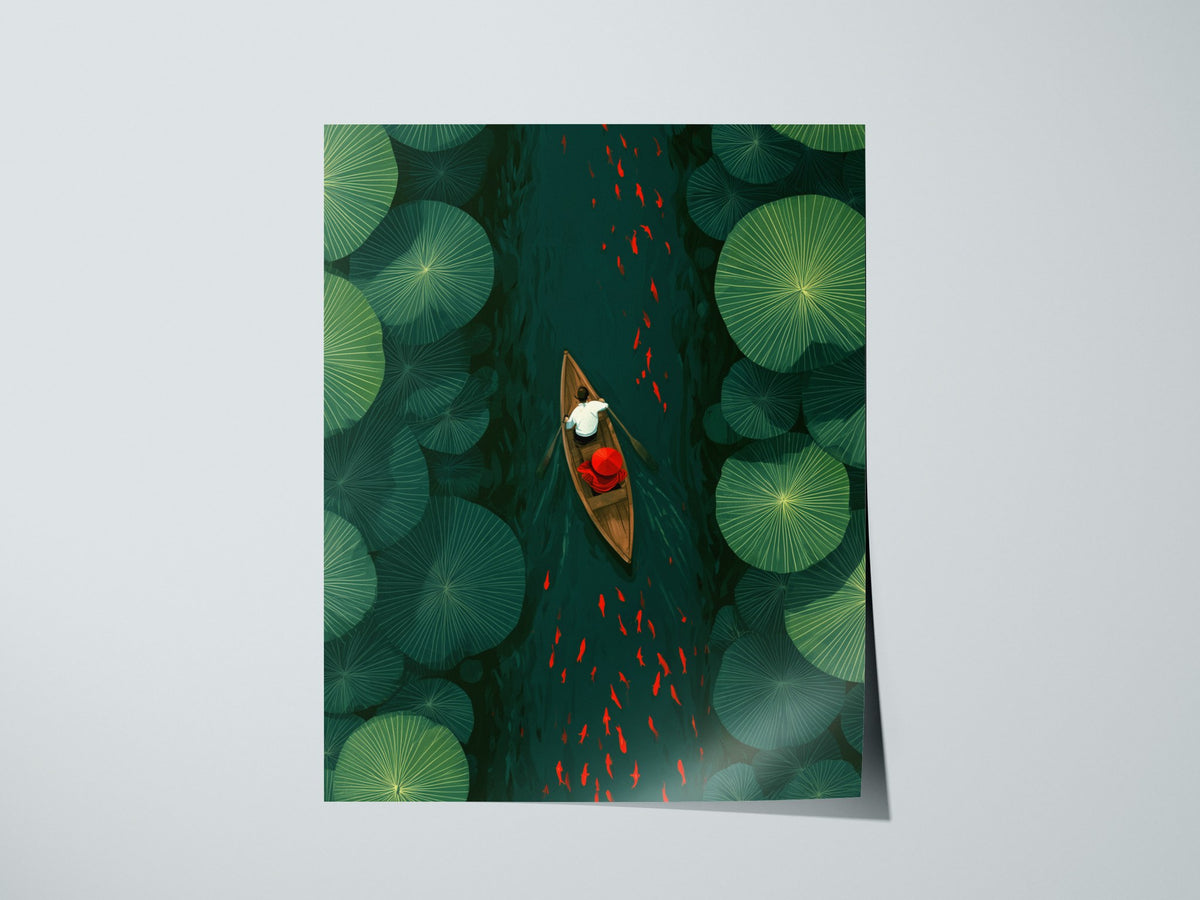 Lily Pad Passage Poster | Forest Green Illustrative Art Print | Botanical Wall Art — print detail on fine art paper