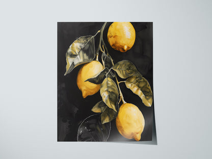 Three Lemons on Black Poster | Yellow and Black Japanese Watercolor Art Print | Kitchen Wall Art — print detail on fine art p