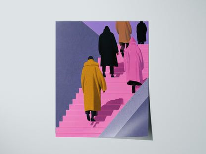 Figures Ascending Pink Poster | Pink and Purple Illustrative Art Print | Urban Minimalist Wall Art — print detail on fine art
