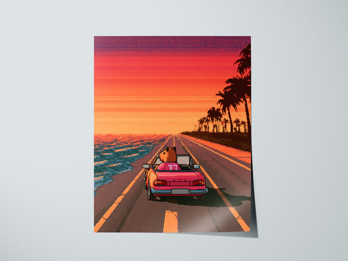 Capybara Drives Sunset Poster | Coral and Purple Pixel Art Print | Retro Gaming Wall Art — print detail on fine art paper