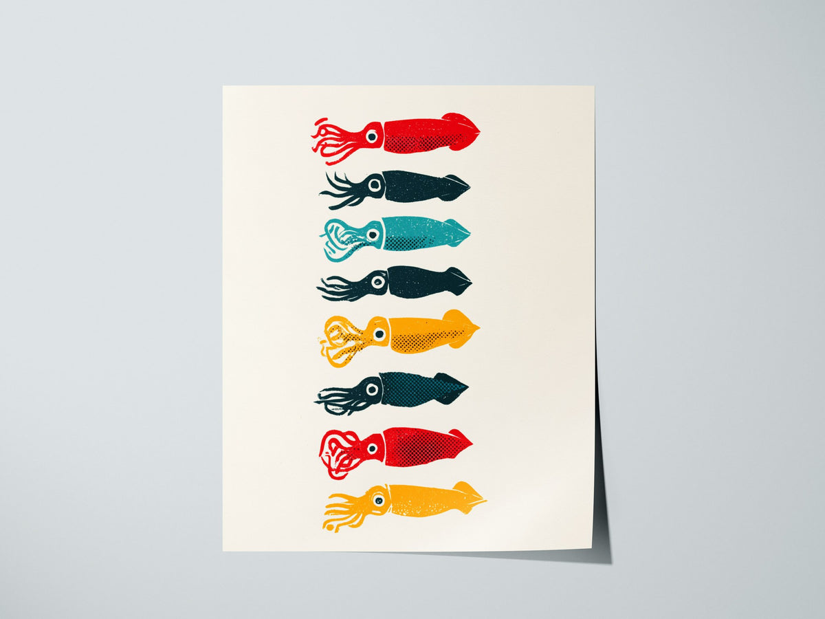 Five Squid Stack Poster | Multicolor Screen Print Art Print | Kitchen Wall Art — print detail on fine art paper