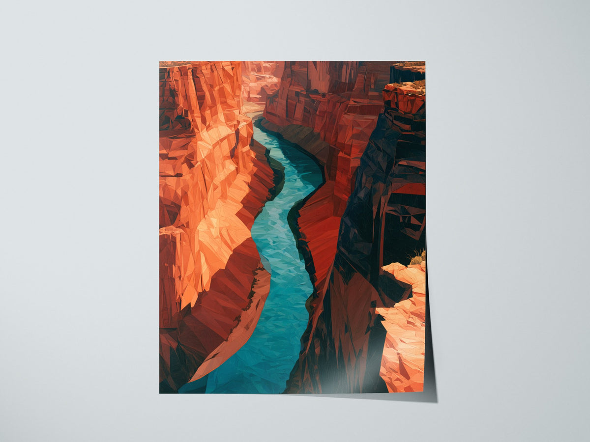 Canyon Holds River Poster | Turquoise and Ochre Low Poly Art Print | Modern Minimalist Wall Art — print detail on fine art pa