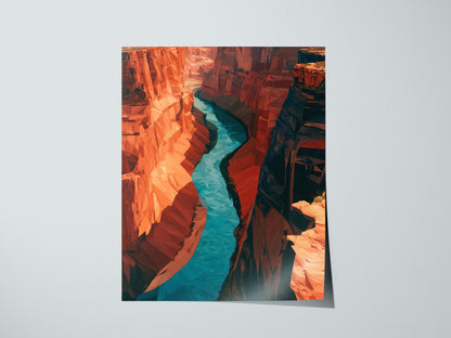 Canyon Holds River Poster | Turquoise and Ochre Low Poly Art Print | Modern Minimalist Wall Art — print detail on fine art pa