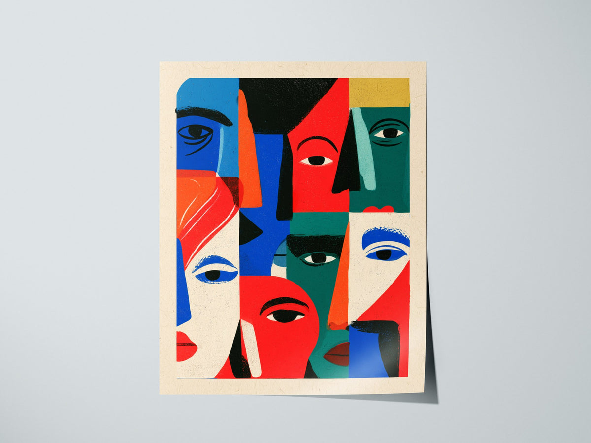 Crowd Wears Faces Poster | Multicolor Illustrative Art Print | Kids Room Wall Art — print detail on fine art paper