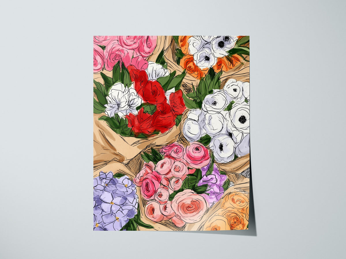 Bouquets at Market Poster | Pink and Lilac Pen and Ink Art Print | Kitchen Wall Art — print detail on fine art paper