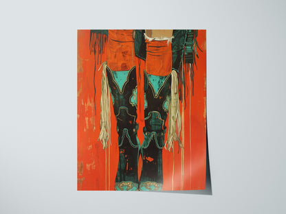 Cowgirl Boots Up Poster | Rust and Turquoise Matisse Style Art Print | Western Wall Art — print detail on fine art paper